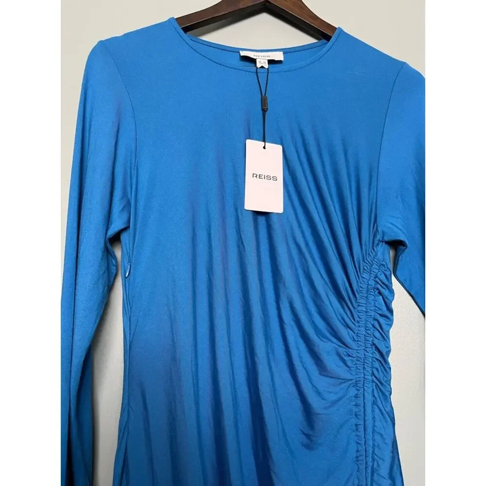 Reiss NWT Rosie Long Sleeve Ruched Midi Dress Blue Jersey Knit Women’s Size 10